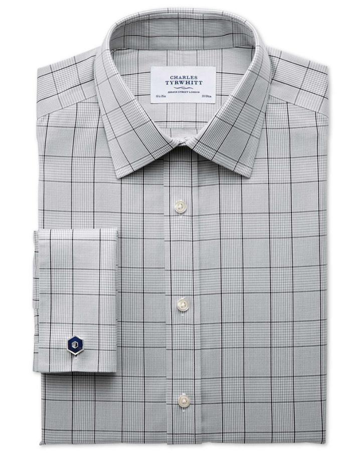 Charles Tyrwhitt Charles Tyrwhitt Slim Fit Non-iron Prince Of Wales Check Grey And Black Cotton Dress Shirt Size 14.5/32