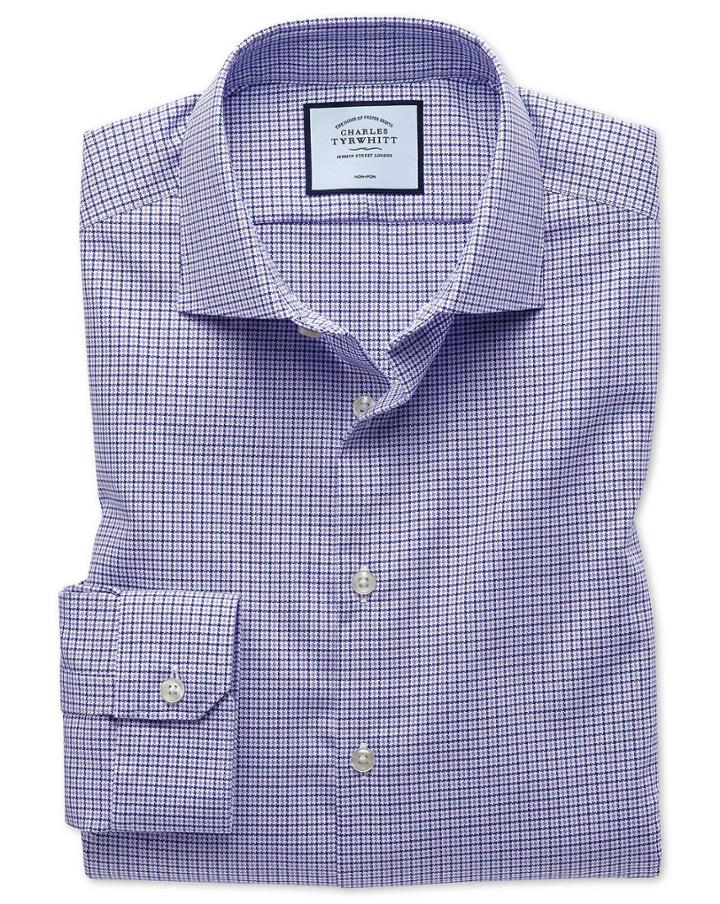  Super Slim Fit Business Casual Non-iron Puppytooth Lilac Cotton Dress Shirt Single Cuff Size 14/33 By Charles Tyrwhitt