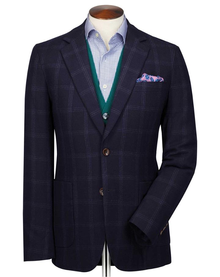  Slim Fit Navy And Blue Checkered Wool Flannel Wool Blazer Size 38 By Charles Tyrwhitt