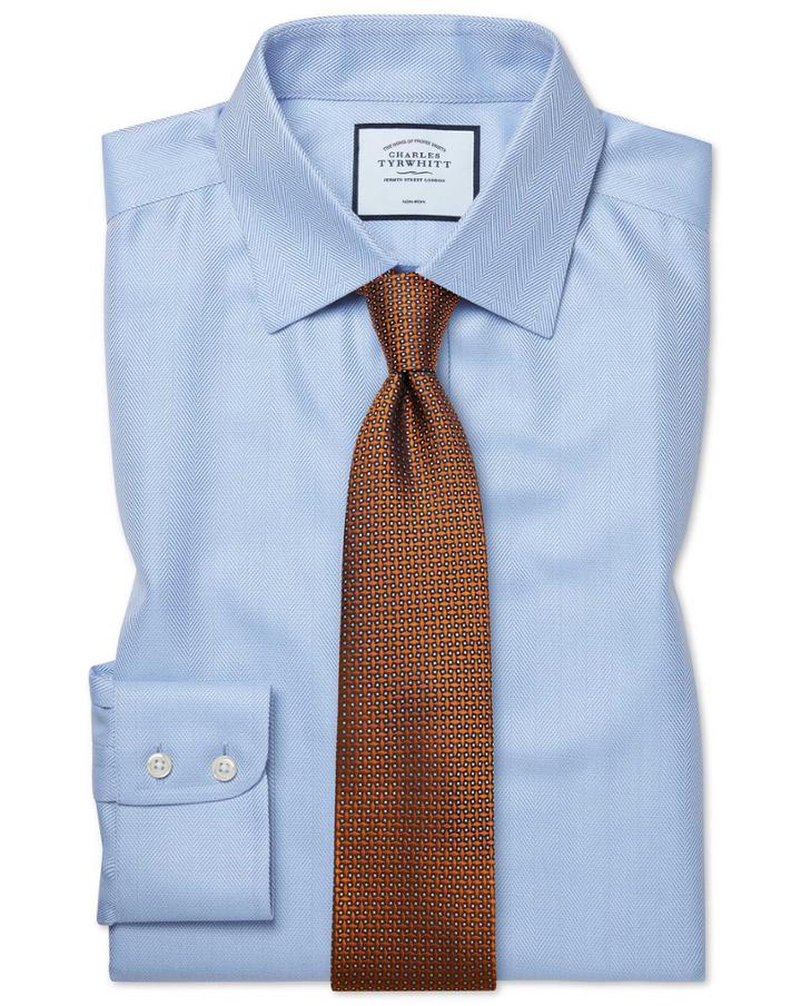  Classic Fit Non-iron Sky Blue Herringbone Cotton Dress Shirt Single Cuff Size 15/33 By Charles Tyrwhitt