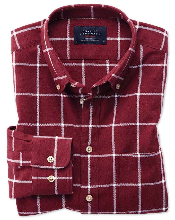 Charles Tyrwhitt Extra Slim Fit Button-down Washed Oxford Burgundy And White Check Cotton Casual Shirt Single Cuff Size Medium By Charles Tyrwhitt