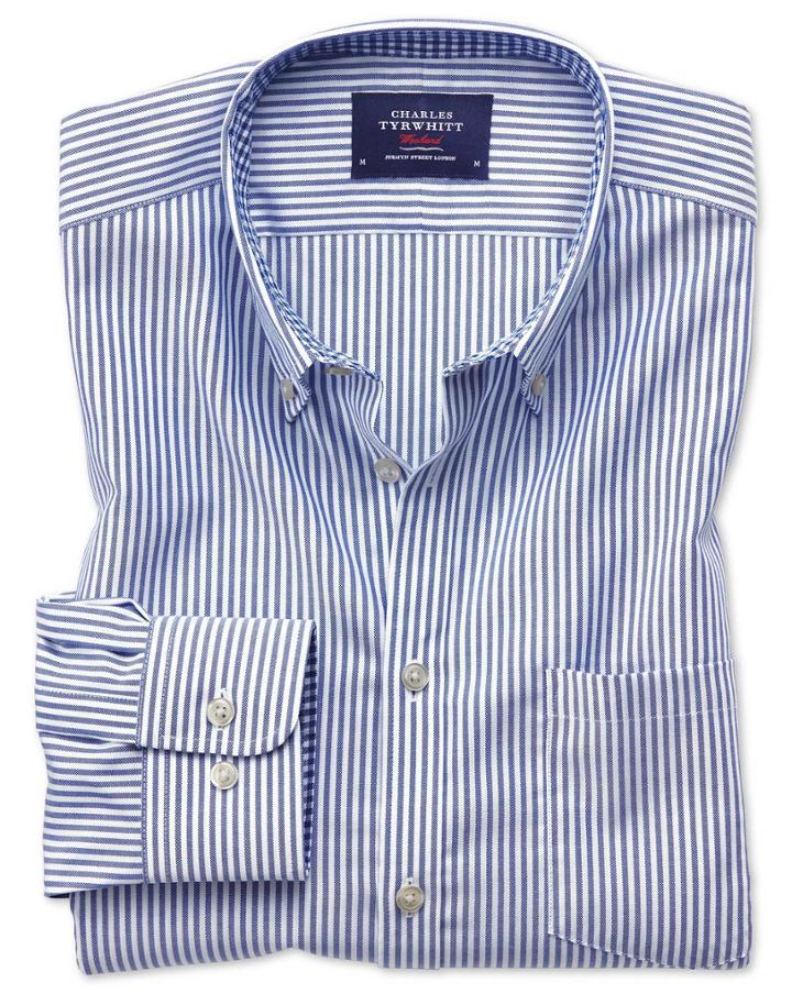 Charles Tyrwhitt Slim Fit Button-down Non-iron Oxford Bengal Stripe Royal Blue Cotton Casual Shirt Single Cuff Size Medium By Charles Tyrwhitt