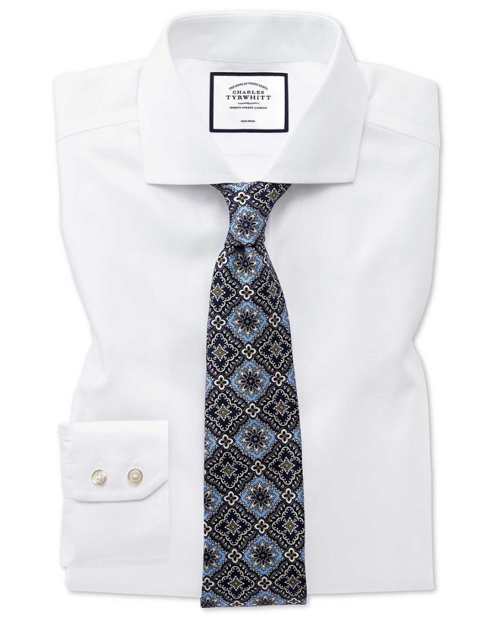  Extra Slim Fit Non-iron White Herringbone Cotton Dress Shirt French Cuff Size 14.5/32 By Charles Tyrwhitt