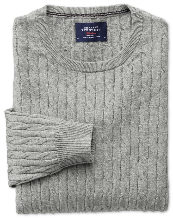 Charles Tyrwhitt Light Grey Cotton Cashmere Cable Crew Neck Cotton/cashmere Sweater Size Medium By Charles Tyrwhitt