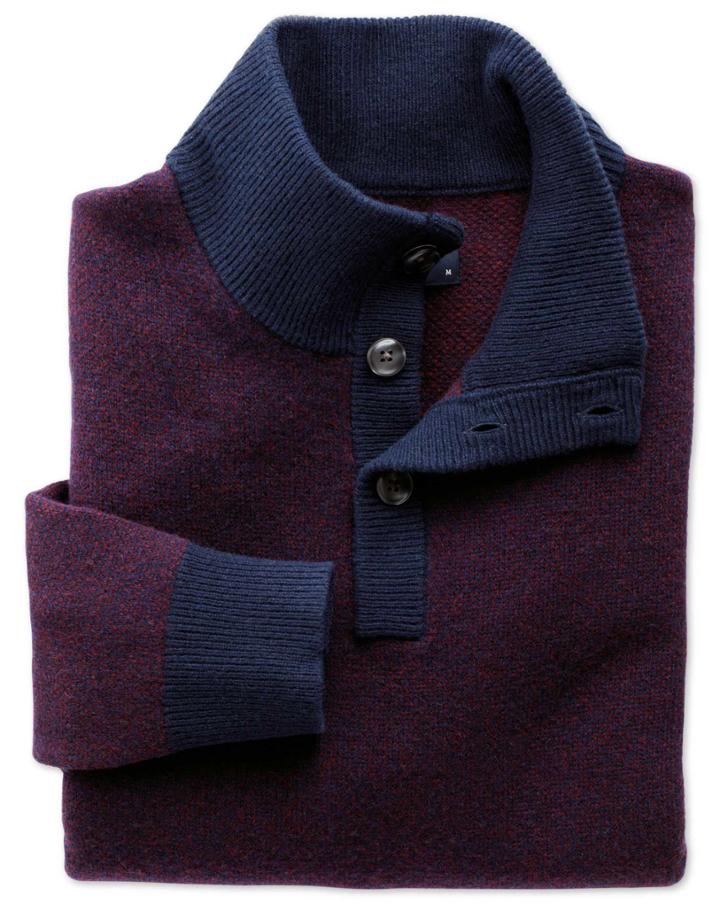 Charles Tyrwhitt Charles Tyrwhitt Navy Jacquard Button Neck Wool Sweater Size Large