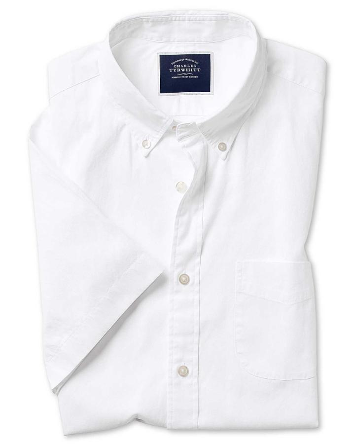  Slim Fit White Short Sleeve Button-down Washed Oxford Plain Cotton Casual Shirt Single Cuff Size Large By Charles Tyrwhitt