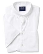  Slim Fit White Short Sleeve Button-down Washed Oxford Plain Cotton Casual Shirt Single Cuff Size Large By Charles Tyrwhitt