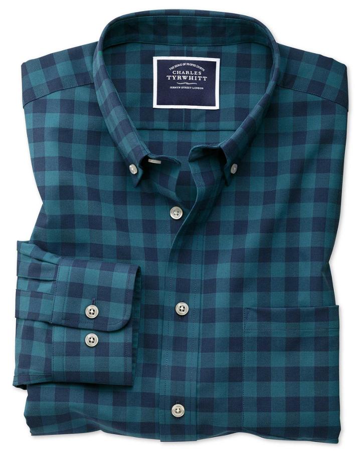  Slim Fit Non-iron Teal Gingham Twill Cotton Casual Shirt Single Cuff Size Large By Charles Tyrwhitt