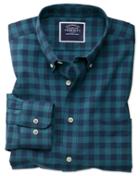  Slim Fit Non-iron Teal Gingham Twill Cotton Casual Shirt Single Cuff Size Large By Charles Tyrwhitt