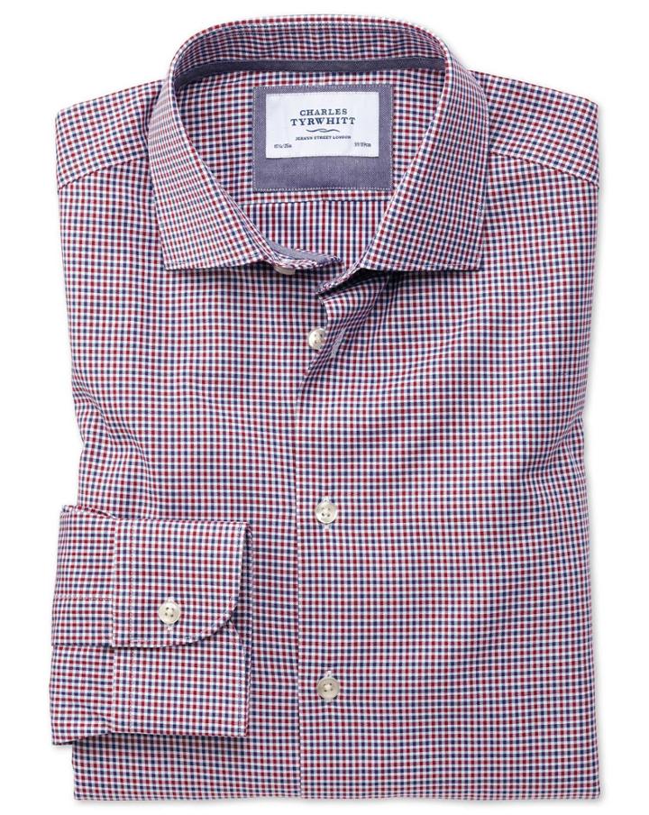 Charles Tyrwhitt Extra Slim Fit Semi-spread Collar Business Casual Gingham Red And Navy Cotton Dress Casual Shirt Single Cuff Size 14.5/32 By Charles Tyrwhitt