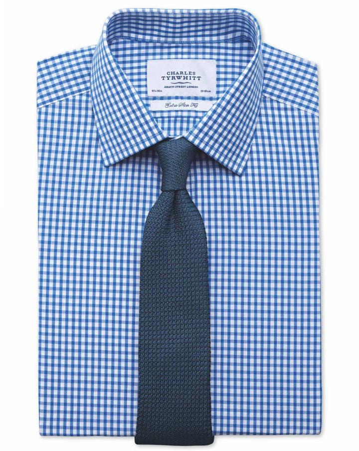 Charles Tyrwhitt Extra Slim Fit Gingham Royal Blue Cotton Dress Shirt French Cuff Size 15/32 By Charles Tyrwhitt