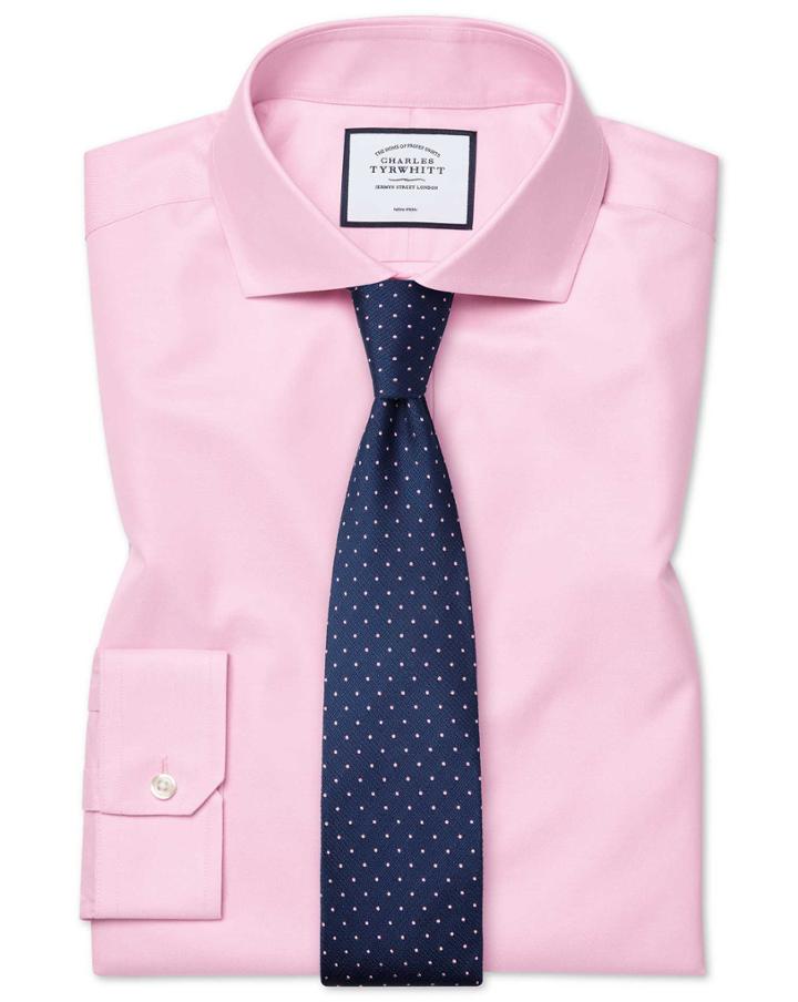  Super Slim Fit Pink Non-iron Twill Cotton Dress Shirt Single Cuff Size 14/33 By Charles Tyrwhitt