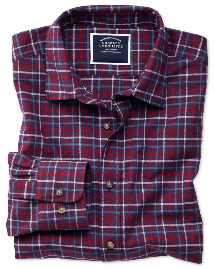  Slim Fit Purple And Red Brushed Check Cotton Casual Shirt Single Cuff Size Medium By Charles Tyrwhitt