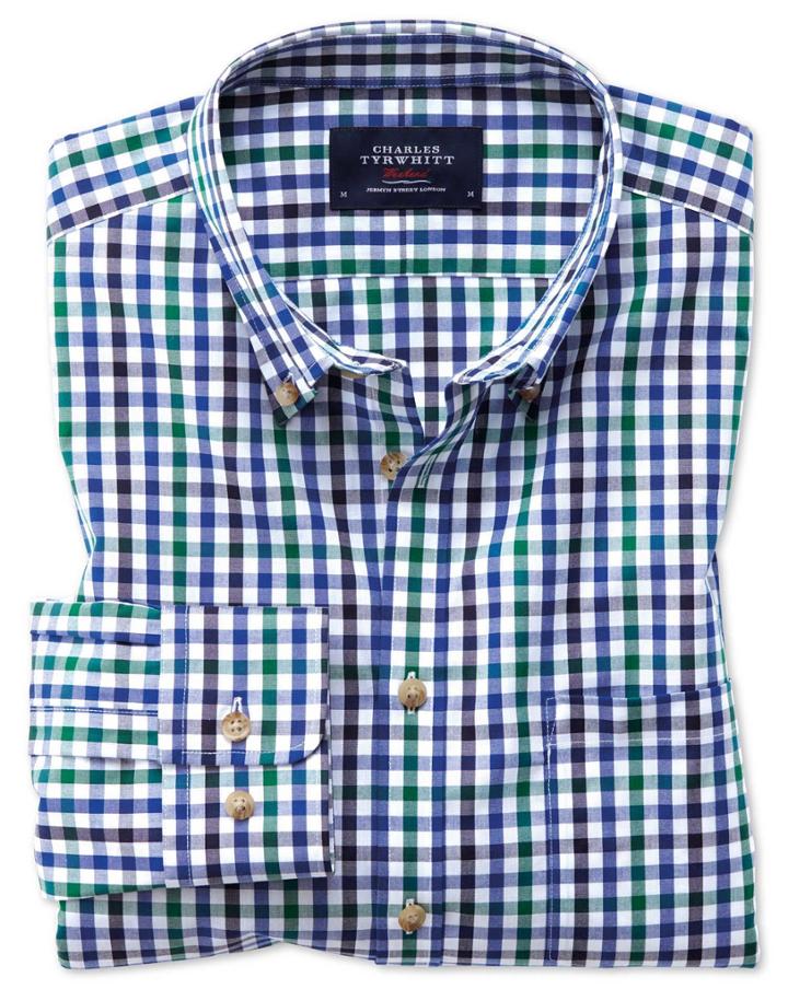 Charles Tyrwhitt Classic Fit Button-down Non-iron Poplin Blue And Green Gingham Cotton Casual Shirt Single Cuff Size Medium By Charles Tyrwhitt