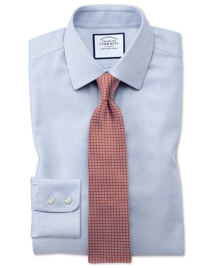  Classic Fit Non-iron Step Weave Mid Blue Cotton Dress Shirt French Cuff Size 16/33 By Charles Tyrwhitt