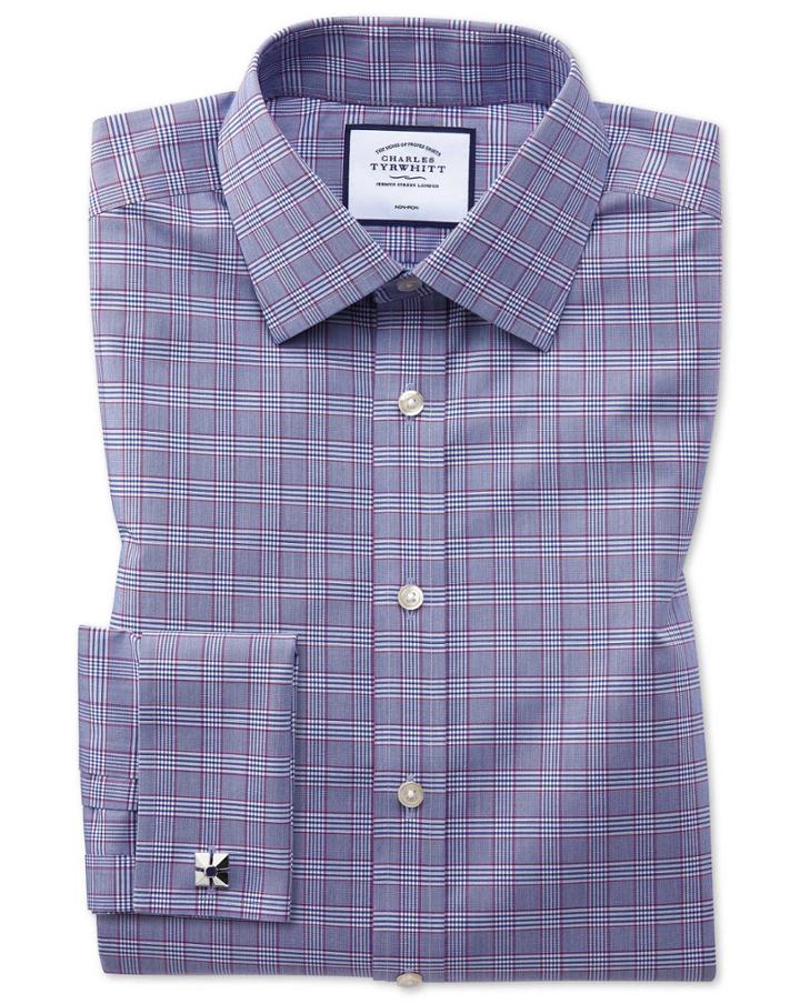  Extra Slim Fit Non-iron Berry And Navy Prince Of Wales Check Cotton Dress Shirt French Cuff Size 14.5/32 By Charles Tyrwhitt