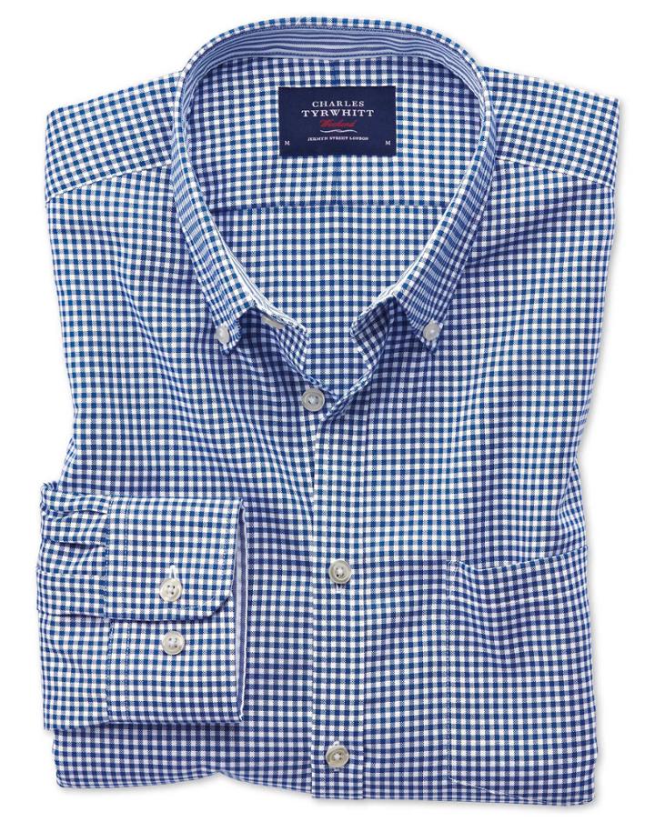 Charles Tyrwhitt Classic Fit Button-down Non-iron Oxford Gingham Royal Blue Cotton Casual Shirt Single Cuff Size Large By Charles Tyrwhitt