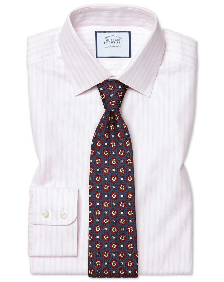  Classic Fit Brushed-back Basketweave Pink Stripe Cotton Dress Shirt Single Cuff Size 15.5/33 By Charles Tyrwhitt