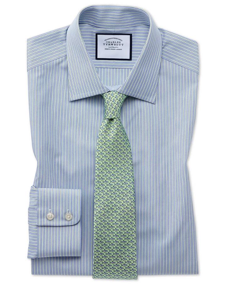  Extra Slim Fit Egyptian Cotton Poplin Blue And Green Fine Stripe Dress Shirt Single Cuff Size 14.5/33 By Charles Tyrwhitt