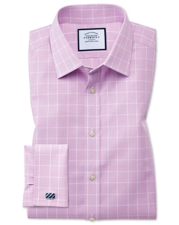 Charles Tyrwhitt Slim Fit Non-iron Prince Of Wales Pink Cotton Dress Shirt Single Cuff Size 14.5/32 By Charles Tyrwhitt