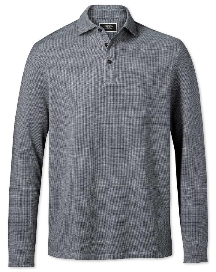  Black And White Long Sleeve Textured Cotton Polo Size Large By Charles Tyrwhitt