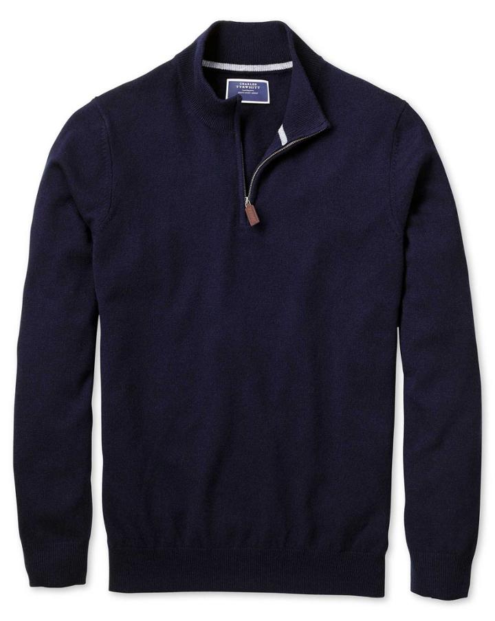  Navy Zip Neck Cashmere Sweater Size Medium By Charles Tyrwhitt