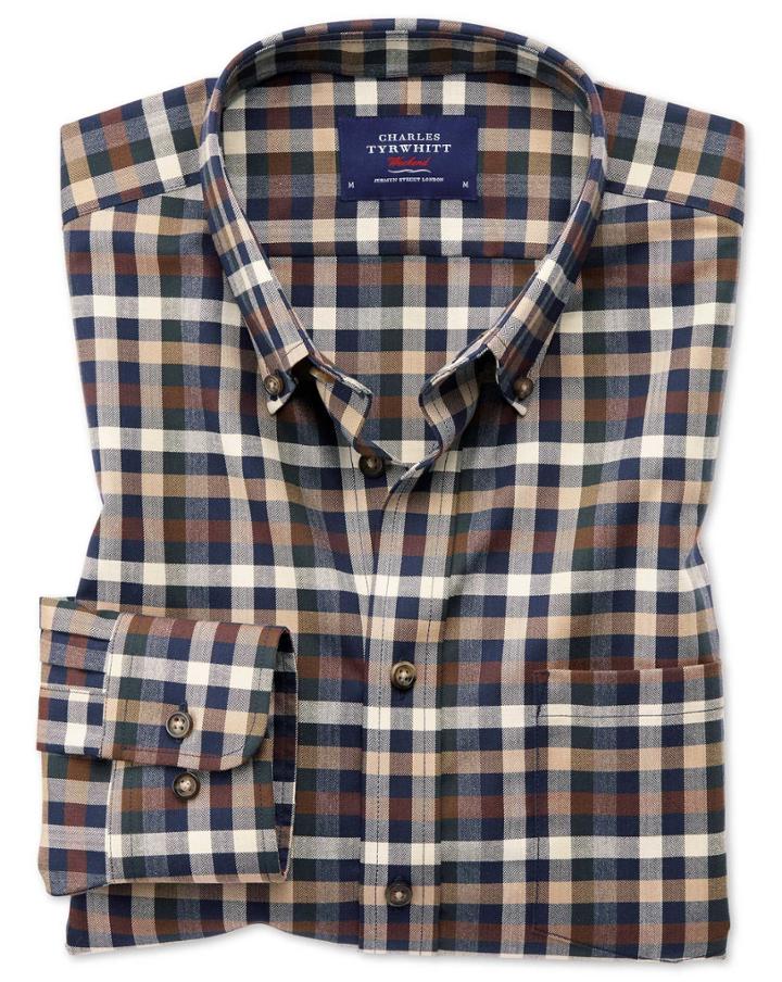 Charles Tyrwhitt Classic Fit Button-down Non-iron Twill Brown Multi Check Cotton Casual Shirt Single Cuff Size Medium By Charles Tyrwhitt