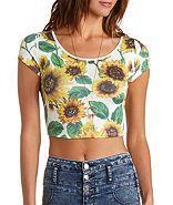 Charlotte Russe Sunflower Print Short Sleeve Crop Top