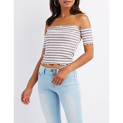 Charlotte Russe Striped & Ribbed Off-the-shoulder Crop Top