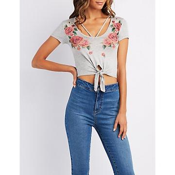 Charlotte Russe Caged Floral Graphic Crop Top