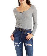 Charlotte Russe Ribbed Henley Crop Top