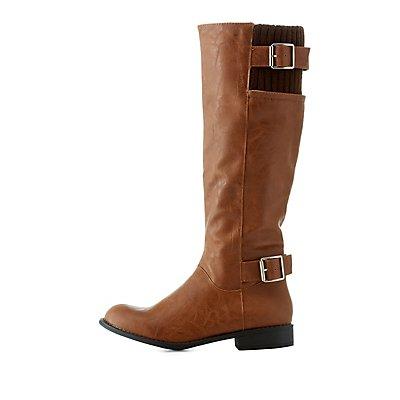 Charlotte Russe Riding Boots With Buckles & Knit Shaft