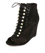 Charlotte Russe Laser Cut-out Studded Lace-up Peep Toe Wedges