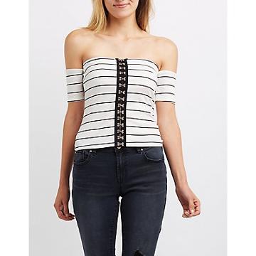 Charlotte Russe Striped Off-the-shoulder Hook-and-eye Top