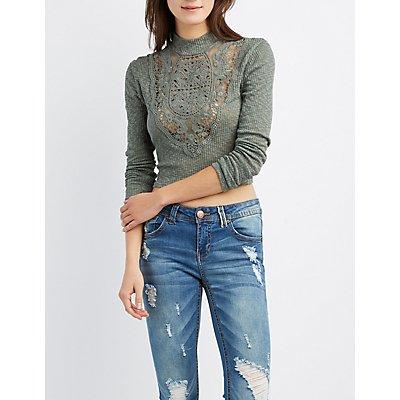 Charlotte Russe Ribbed Crochet-front Crop Top