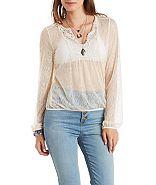 Charlotte Russe Bloused Lace Top With Notched Crochet Neckline