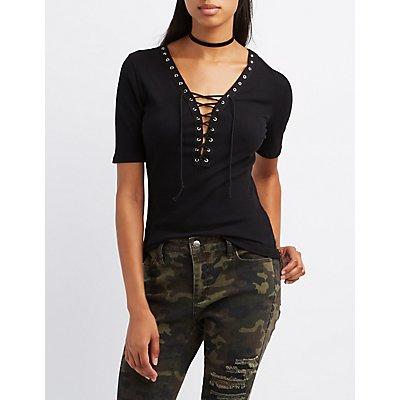 Charlotte Russe Ribbed Lace-up Skimmer Top