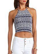 Charlotte Russe Tribal Print Racer Front Halter Crop Top