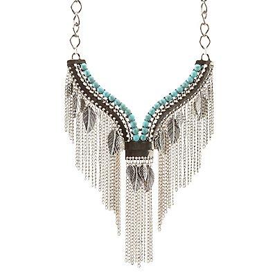 Charlotte Russe Turquoise Rhinestone V Fringe Statement Necklace