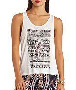 Charlotte Russe Rhinestone Aztec Feather Graphic Tank Top
