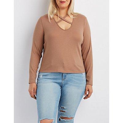 Charlotte Russe Plus Size Ribbed Strappy Neck Crop Top