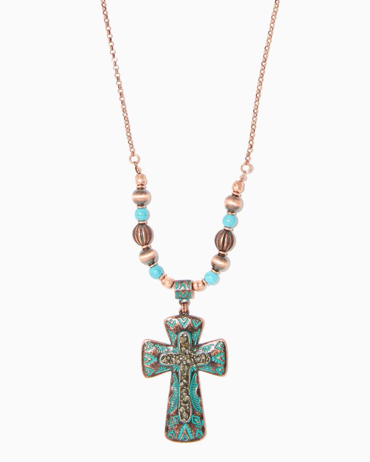 Charming Charlie Patina Southwest Cross Pendant Necklace