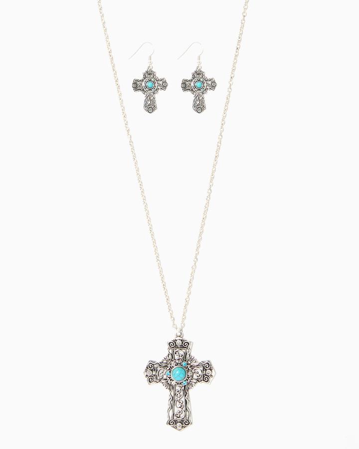 Charming Charlie Turquoise Filigree Cross Necklace Set