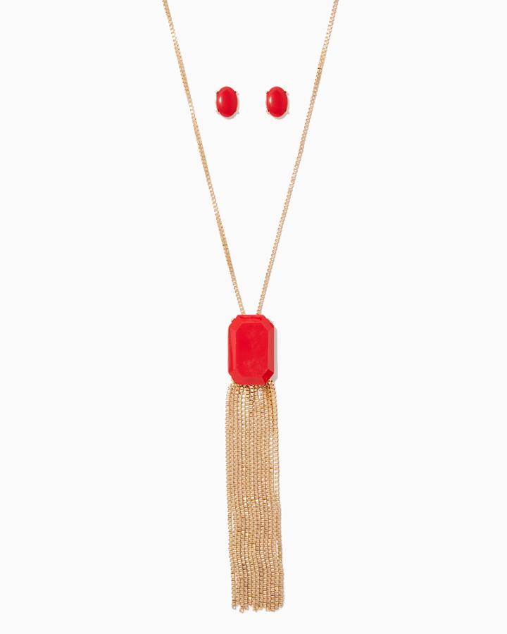 Charming Charlie Stone Pendant & Chain Tassel Necklace Set