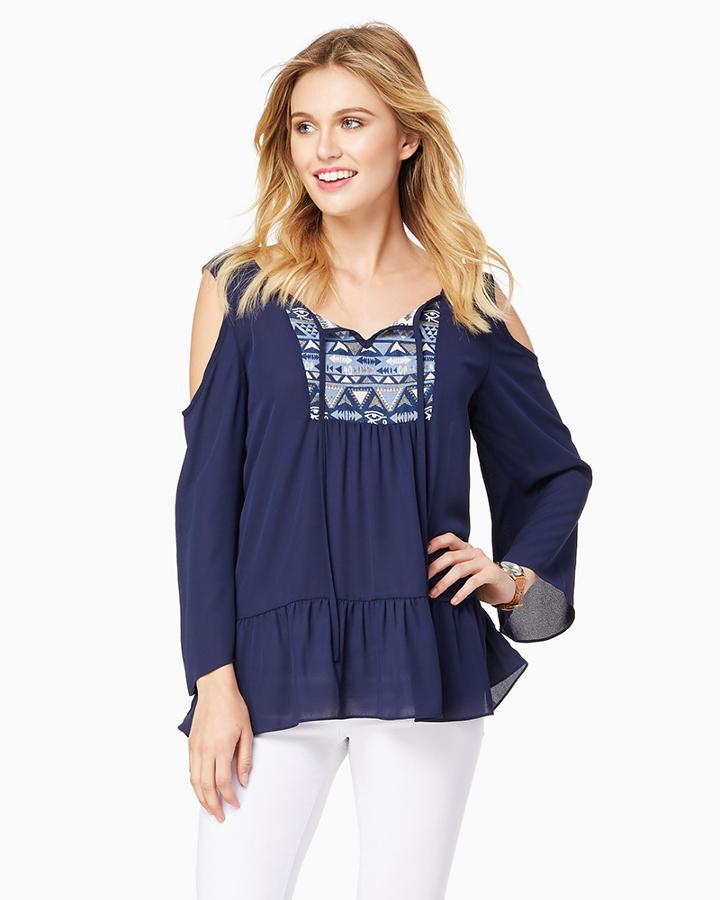 Charming Charlie Cora Embroidered Cold Shoulder Top