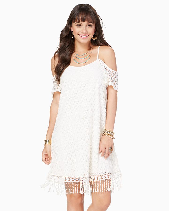 Charming Charlie Cold Shoulder Crochet Fringe Dress
