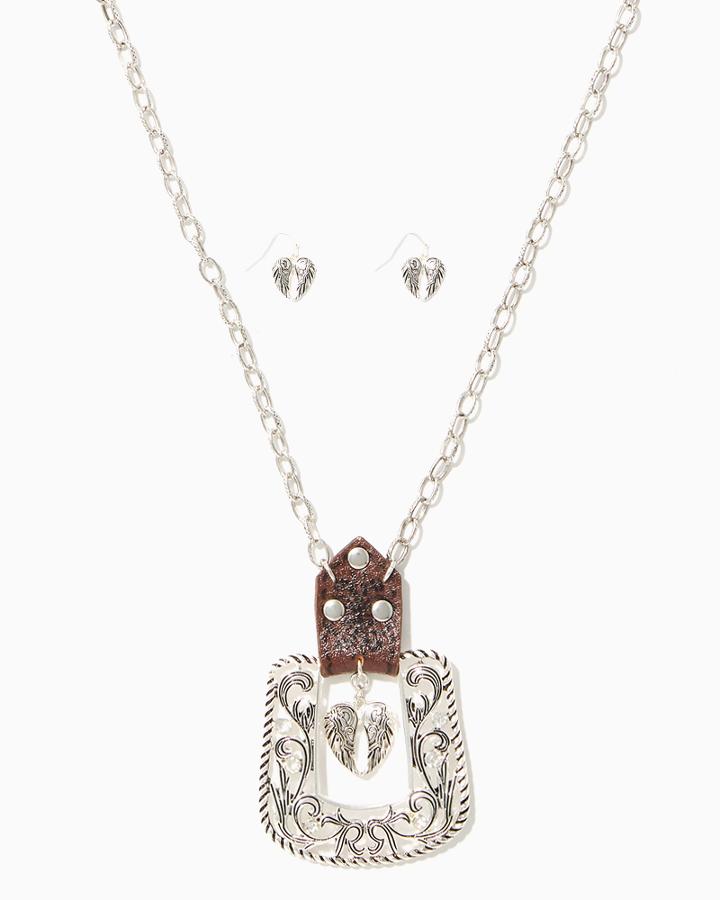 Charming Charlie Buckle & Heart Pendant Necklace Set