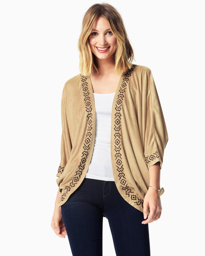 Charming Charlie Embroidered Faux Suede Cardigan