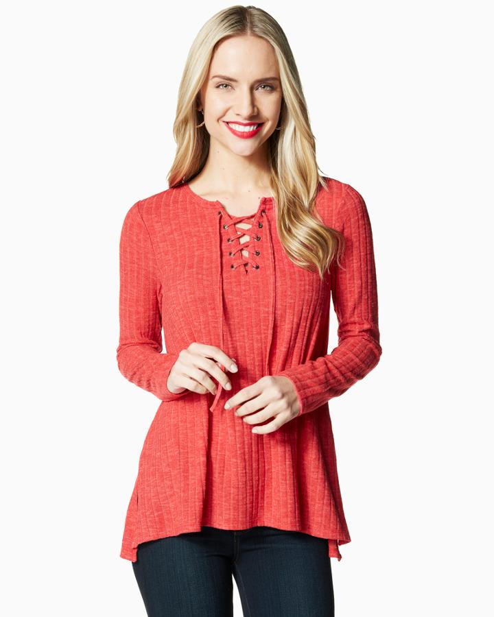 Charming Charlie Collar Lace Up Ribbed Top