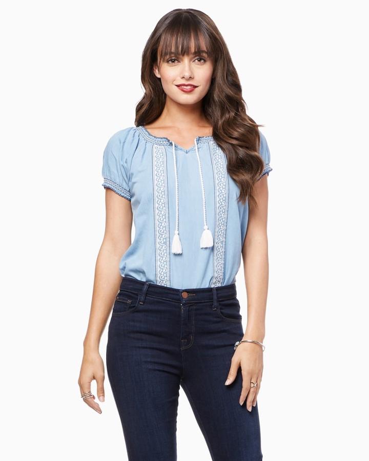 Charming Charlie Embroidered Tassel Denim Top